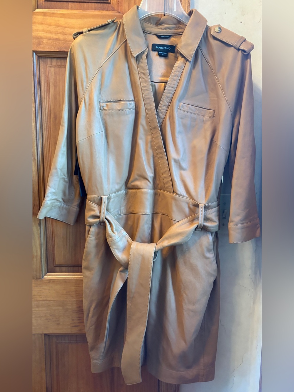 Marciano NWT $428 Ava Belted Lamb Leather Dress 8/10 American Tan Gorgeous